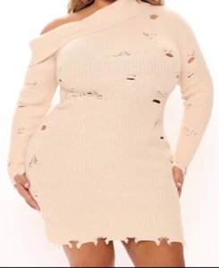 Plus Size Beige Cowl Neck Off The Shoulder Holes Fringe Mini Sweater Dress - Picture 1 of 2