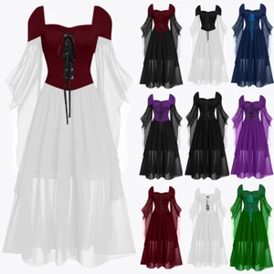 Halloween Womens Renaissance Medieval Gothic Witch Costume Lace Up Fancy Dress - Picture 1 of 23
