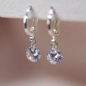 Silver Plated Minimalist 8mm Cubic Zirconia Earrings Dangle - Picture 1 of 2