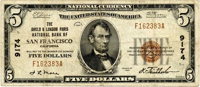 1929 $5 San Francisco, California Small Size National Bank Note Fr #S-2004 - Image 1 of 2