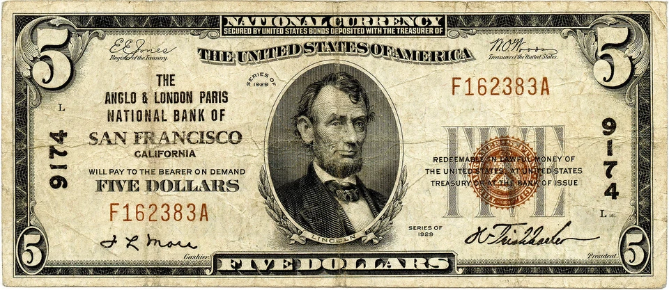 1929 $5 San Francisco, California Small Size National Bank Note Fr #S-2004 - Image 1 of 2
