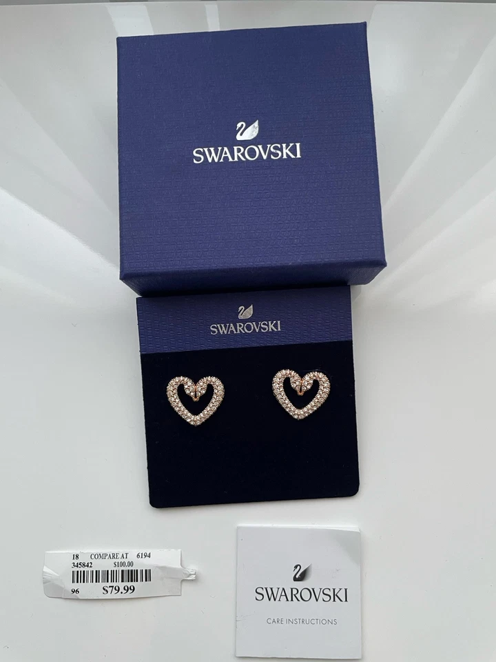Swarovski Una/Sublima Rose Gold Heart Swan Earrings - Image 1 of 4