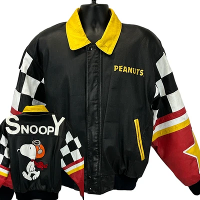 Vintage 90s Snoopy Peanuts Leather Bomber Jacket American Toons Black L Large - Image 1 of 4