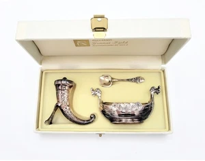RARE Magnus Aase Norway Sterling Viking Ship Salt Cellar Set IOB 1920-30s - Picture 1 of 12