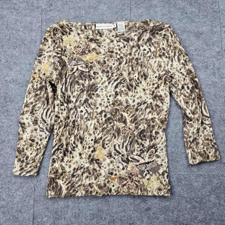 Vintage Dana Buchman Top Womens Medium Sheer Mesh Y2K Butterfly Sequin Animal - Image 1 of 4