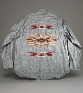 VTG Lucky Brand Pearl Snap Long Sleeve Shirt Men L Chambray Aztec Embroidered - Picture 1 of 10