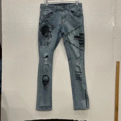 Pantalones de mezclilla ajustados para hombre Ninth Hall Rogue estampado gráfico lavado largo talla 32x30 grunge gótico Foto 1 de 4