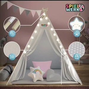 Spielwerk® Spielzelt Kinderzelt Tipi Lichterkette Drinnen Holz Baumwolle Grau - Bild 1 von 8