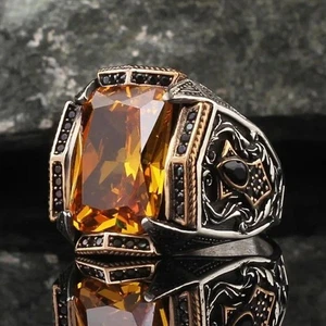 Anillo para hombre de plata de ley 925 turco hecho a mano citrino joyería punk vintage - Imagen 1 de 6