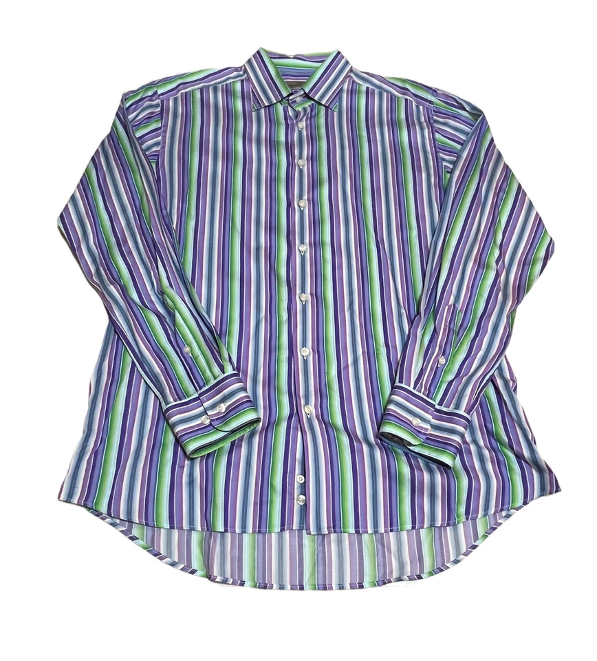 Etro Men's Luxury Cotton Dress Shirt Purple Green Blue Stripe • Italy • Size 42 - Image 1 of 4