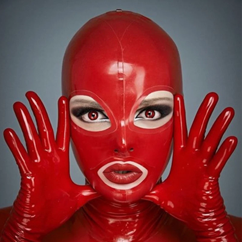 Red Latex Hood Open Eyes and Mouth for Catsuit Rubber Mask Club Wear Cosplay  - Image 1 of 4