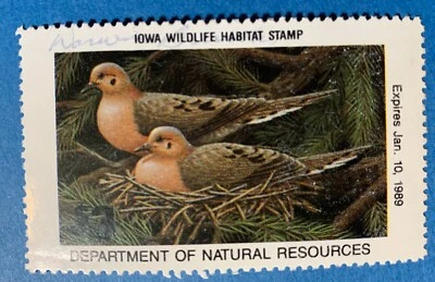 Iowa Wildlife Habitat Stamp, Expires Jan. 10, 1989 DNR. Signed [used] - Image 1 of 2