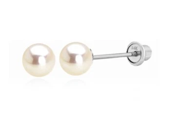 14K White Gold Round Genuine White Pearl Studs Screw Back Earrings — 第 1/4 张图片