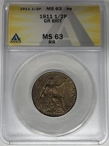 1911 Great Britain Half Penny ANACS MS 63 RB - Picture 1 of 2