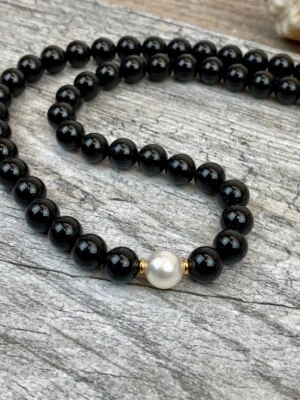 A++++ Collares de mujer de 18"" con cuentas redondas lisas de turmalina negra y peral Foto 1 de 4