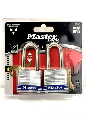 Master Lock, 2 Pack, 38mm  Steel Body Padlock, 1-1/2" Long Shackle 3TLF New. - Image 1 of 4