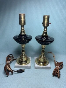 Vintage Pair Cranberry Red Cut To Clear Coin Dot w/ Brass Marble Base Lamps EC - Picture 1 of 8