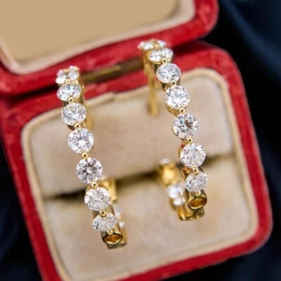 14k Yellow Gold Women Earring Hoop Lab Grown 2.00 Carat Round Cut Diamond 22 MM - Image 1 of 4