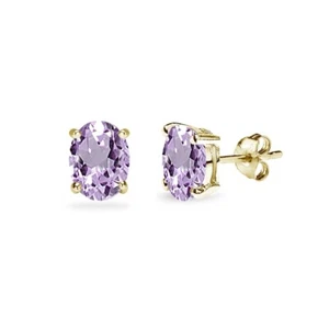 Gold Flashed Sterling Silver Amethyst 6x4mm Oval-Cut Solitaire Stud Earrings - Picture 1 of 4