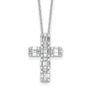 Sterling Silver Rhodium-plated Baguette CZ Cross 18in Necklace - Picture 1 of 4