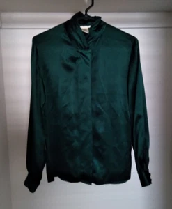 Vintage Talbots Emerald Green Silk High Neck Blouse Size 4 - Picture 1 of 5