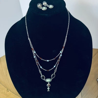 Vintage Layered Silver Tone Necklace Earrings Set Boho Chic Brown Aqua Stones - Image 1 of 4