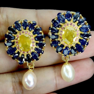 Pendientes de plata de ley 925 ovalados zafiro amarillo 5x3 mm rubí perla piedras preciosas Foto 1 de 4