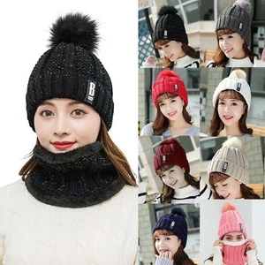 Damen Winter Beanie Mütze mit Bommel Schal Set Strick Thermo Warm Schnee Ski Mütze USA - Bild 1 von 22