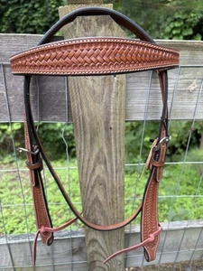 Horse Size Basketweave Tooled Leather Western Browband Style Headstall - Picture 1 of 6