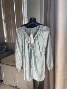 Braez Blusa di seta blu polvere manica lunga cravatta collo seta S - Foto 1 di 6