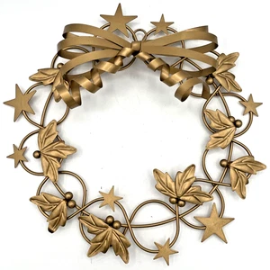 Corona de Navidad de Metal - Tono Dorado Estrellas de Acebo Arco Decoración de Pared Retro - Imagen 1 de 7