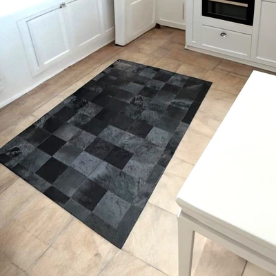 BLACK Patchwork cowhide Rug Real Leather Carpet  For Kitchen Living Room Modern - Image 1 of 4