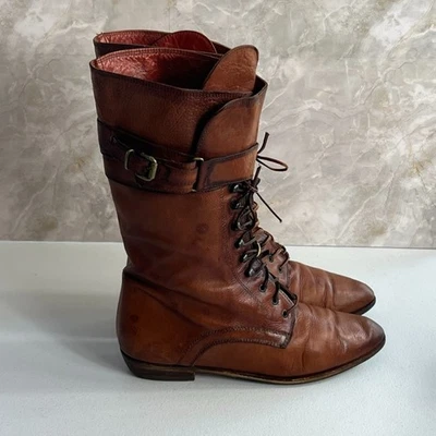 Joan & David Boots Women's Brown Leather Ankle Lace Up Buckle Accent Handmade - Image 1 of 4