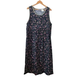 Erika & Co Vintage 90s Black Floral Cord Cotton Midi Cottagecore Dress Gr. L - Bild 1 von 8