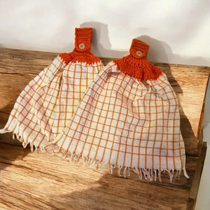 Vintage Retro Cannon Dish Hand Tea Towels Set of 2 Orange Checkered USA Made - Picture 1 of 7