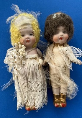 ANTIQUE Jointed Wedding Bride & Groom Bisque Ceramic Creepy Dolls Cake Topper - Image 1 of 4