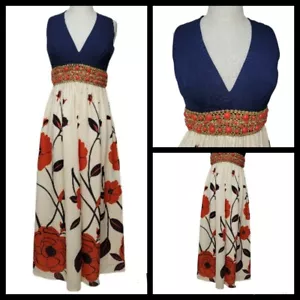 Maxi abito vintage anni 60 70 Union Made blu navy arancione gonna floreale vita con perline - Foto 1 di 12