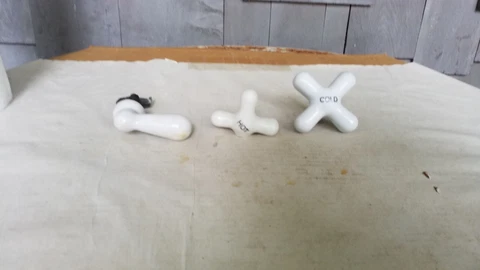 3 Vintage Porcelain Water Handles, Hot ,cold, Shut Off, (Hot Broke Cover