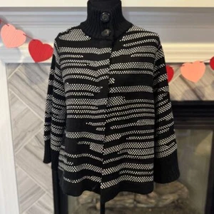 Chicos  Black & White Striped Knit Cardigan with Button Collar size 1 - Picture 1 of 2