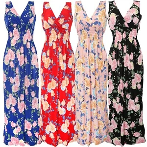 Women's Deep V-Neck Roses Smocked Waist Summer Sundress Long Dress - Picture 1 of 5