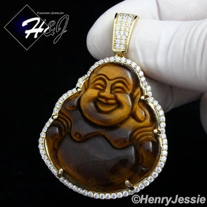MEN 925 STERLING SILVER ICY TIGER EYE GOLD PLATED 3D BUDDHA PENDANT*GP148 - Picture 1 of 4