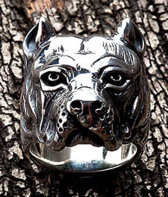 PITBULL DOG HEAD 925 STERLING SILVER MENS VINTAGE BIKER ANELLO NUOVO... - Immagine 1 di 4