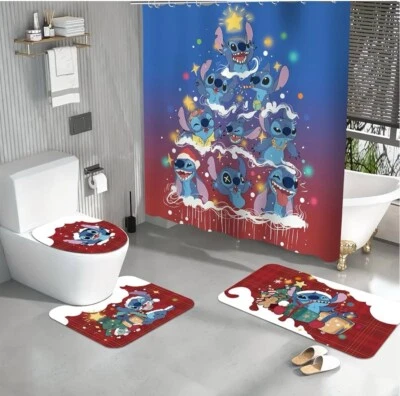 Lilo & Stitch Christmas 4 Pieces Set Bathroom Curtain, Lid Cover, Bath Mat Rugs - Image 1 of 4
