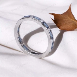 925 Sterling Silver 4X2MM Lab Created Baguette Sapphire Band Cubic Zirconia Band - Picture 1 of 4