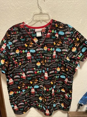 ScrubStar Christmas Holiday Sz 3X/3XG Scrub Star Top Bright Festive Santa Elf… - Image 1 of 4
