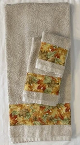 Fall Leaves Bath Towel Set Bathroom Decor White Orange Yellow Brown 3 Pc - Picture 1 of 3