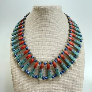 Bold Multicolor Resin Inlay Statement Bib Necklace Southwest Style Art to Wear - Picture 1 of 9