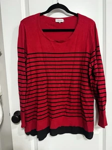 Calvin Klein Twofer Sweater Shirt Red Black Stripe Women's Sz XL Career Preppy - Picture 1 of 5