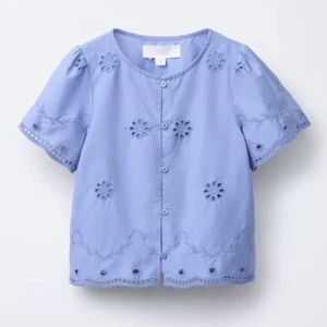 NWT ZARA Girls’ Cornflower Blue Embroidered Crochet Floral Blouse Size 11-12 - Picture 1 of 8
