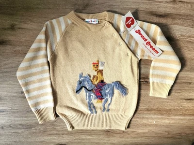 Suéter infantil vintage nuevo con etiquetas de diseño de caballo crema dulce bordado a mano tostado talla 5 Foto 1 de 4